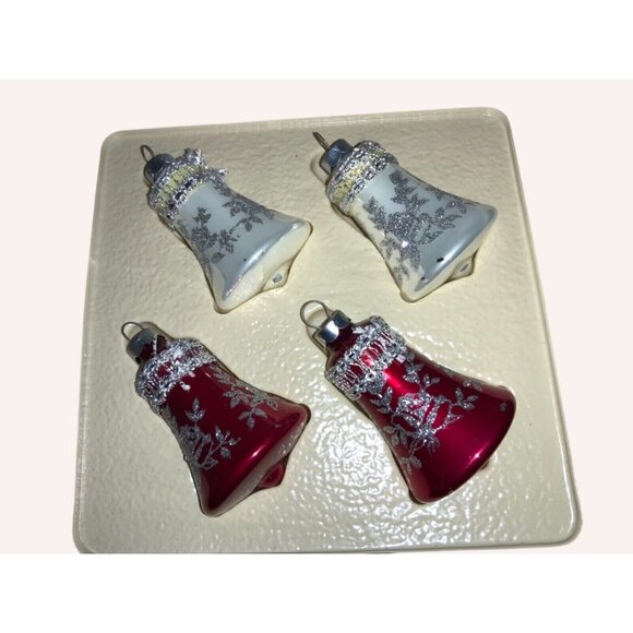 Rauch Victoria 4 Glass Bell Christmas Ornaments  Red White  3Inch Vintage 1983 - Picture 2 of 12